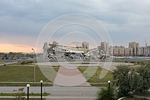 Demolition of buildings in urban environments. ruined building in city