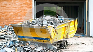 Demolition Debris and Rubble in Construction Waste Container After Building Destruction