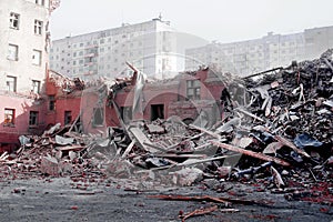 Demolition of a house. Concrete rubble debris on construction site