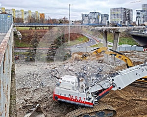 Demolition of the old concrete pedestrian bridge over the expressway in Gdansk, Poland