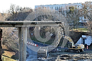 Demolition of the old concrete pedestrian bridge over the expressway in Gdansk, Poland