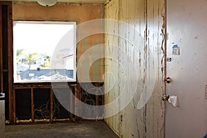 Demolition of paneling off interior wall photo