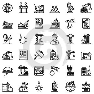 Demolition work icons set, outline style