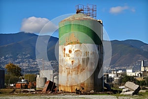 Demolition works dilapidated green gas tank landscape. Generate Ai