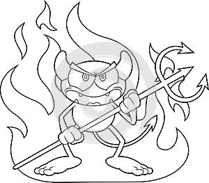 Outlined Angry Little Devil Cartoon Character Holding A Pitchfork Over Flames