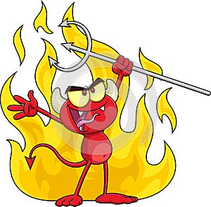 Angry Little Red Devil Cartoon Character Holding A Pitchfork Over Flames