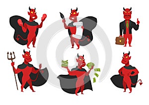 Demon hell devil in black cloak with red skin and trident