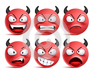 Demon smileys vector set. Bad devil smiley face or red emoticons with facial expressions