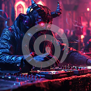 A demon is standing at a dj turntable and is mixing some sick beats