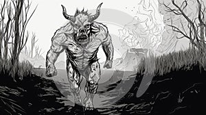 Demon Walking In The Forest: Detailed Comic Book Art Illustration