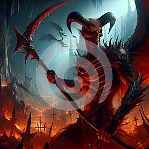 A demon warrior wielding a demonic scythe in a hellish underor photo