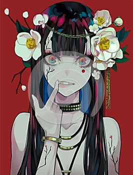 Demonic anime girl with a wreath on her head. Stylish trendy illustration