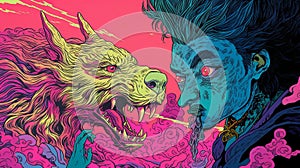 Demons within the Wolf: Japanese-Inspired Psychedelic Art with Powerful Symbolism, Generative AI