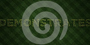 DEMONSTRATES - fresh Grass letters with flowers and dandelions - 3D rendered royalty free stock image
