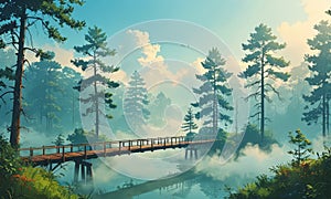 bridge over river in the middle forest