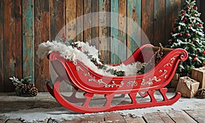 red sler with christmas tree in the background