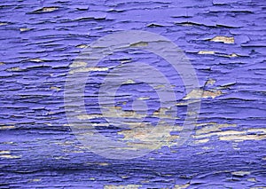 Demonstrating the fashionable color of 2022 - purple. A background of purple, peeling paint on an old wooden wall