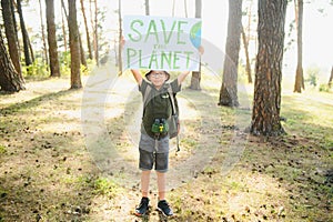 demonstration against global warming and pollution. Child boy making protest about climate change, plastic problems