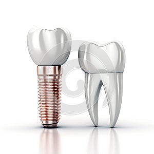 Demonstration of crown teeth: a healthy tooth and an implant with a metal post on a white background. AI generated.