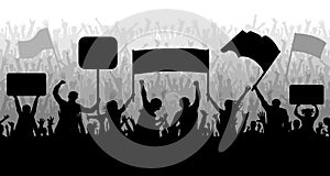 Demonstration, manifestation, protest, strike, revolution. Silhouette background vector. Crowd of people with flags, banners.