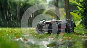 A demonstration of the robotic lawn mowers automatic rain delay feature preventing damage to the lawn during wet weather photo