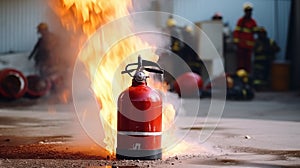 Demonstration of safety equipment use fire extinguisher application.AI Generated