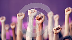 At demonstration, a woman raised fist, equal rights. Generative AI