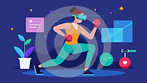 Demonstrations of upcoming VR fitness games including boxing dance and yoga simulations.. Vector illustration. photo