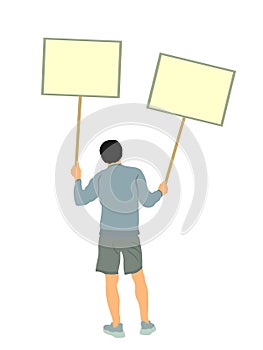 Demonstrator man protester hold banner in hands vector illustration isolated. Hand holding protest placard. photo