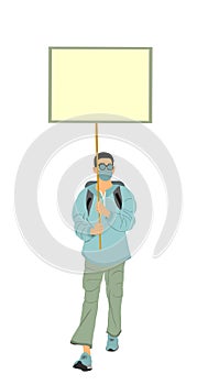 Demonstrator man protester hold banner in hands vector illustration isolated. Hand holding protest placard. photo