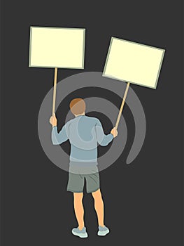 Demonstrator man protester hold banner in hands vector illustration isolated. Hand holding protest placard photo