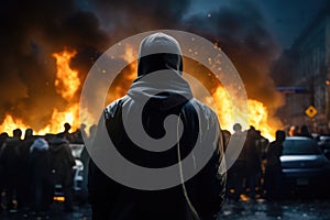Demonstrators protest in the center of Mulhouse, Back view Aggressive man without face in hood against backdrop of protests and
