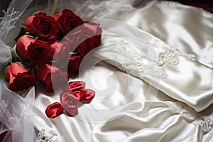 demure satin gloves beside a bridal dress photo
