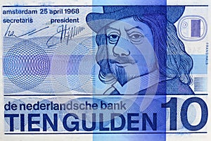 Den Helder, Netherlands. February 2023. An old bank bill of 10 Dutch guilders. photo