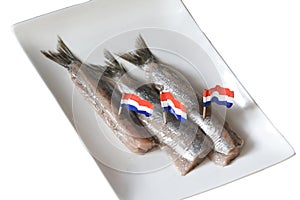 Den Helder, Netherlands. June 2022. Fresh raw herring on a white plate. Isolated. selective focus.