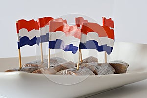 Den Helder, Netherlands. June 2022. Fresh raw herring on a white plate. Isolated. selective focus.