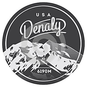 Denali in Alaska Range, North America, USA outdoor adventure badge. McKinley mountain illustration.