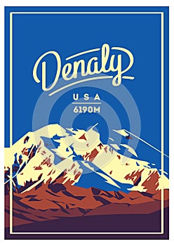 Denali in Alaska Range, North America, USA outdoor adventure poster. McKinley mountain illustration.