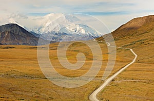 The Denali Mount Peak covered by snow at early morning at Denali National Park.