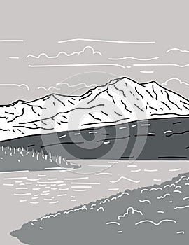 Denali National Park and Preserve or Mount McKinley Alaska Monoline Line Art Grayscale Drawing