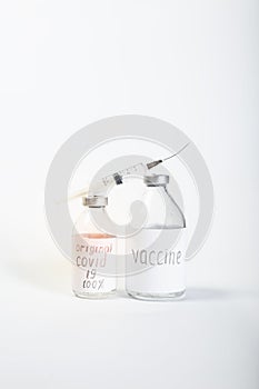Dengerous non sertified Covid-19 vaccine. Fake vaccine on a white background. 100% original vaccine