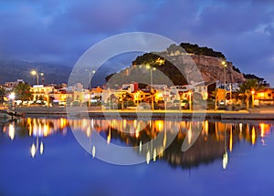 Denia port sunset in marina at Alicante Spain