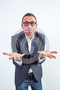 Denial for confused fun businessman with hands in foreground