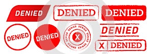 Denied label stamp badge set collection of red sticker deny rejection seal vector graphic