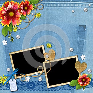 Denim background with frame, flowers, lace and pea