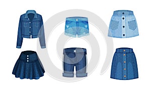 Denim Blue Clothing Items as Womenswear with Denim Jacket and Skirt Vector Set