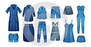 Denim blue clothing jeans female. Casual outfit for women. Blue jean garments for trendy look. Fashion style womenswear.