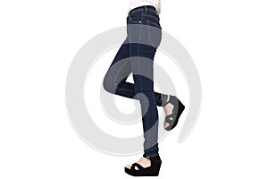 Denim blue jeans cotton pants skinny, Slim fit of legs standing longer body female