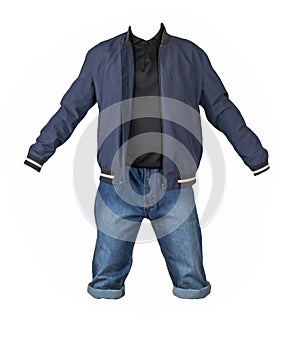 Denim blue shorts, sweater and jacket on the zipper isolated on white background