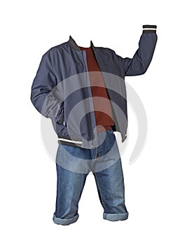 Denim blue shorts, sweater and jacket on the zipper isolated on white background